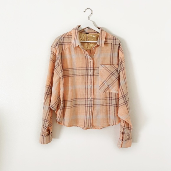 Free People Cutie Cropped Plaid Button Down Top L - Picture 4 of 9